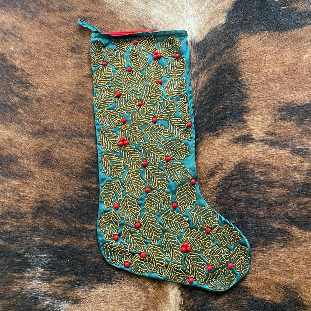 NOS Holly Design Christmas Stocking, Green Satin, Gold and Red Beads